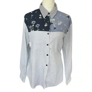 Vintage tap & co blue color block patch work blue and white retro button up